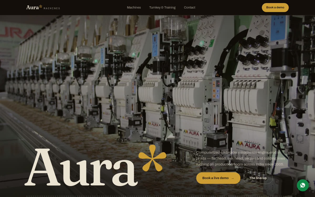 Aura Machines embroidery machinery website screenshot