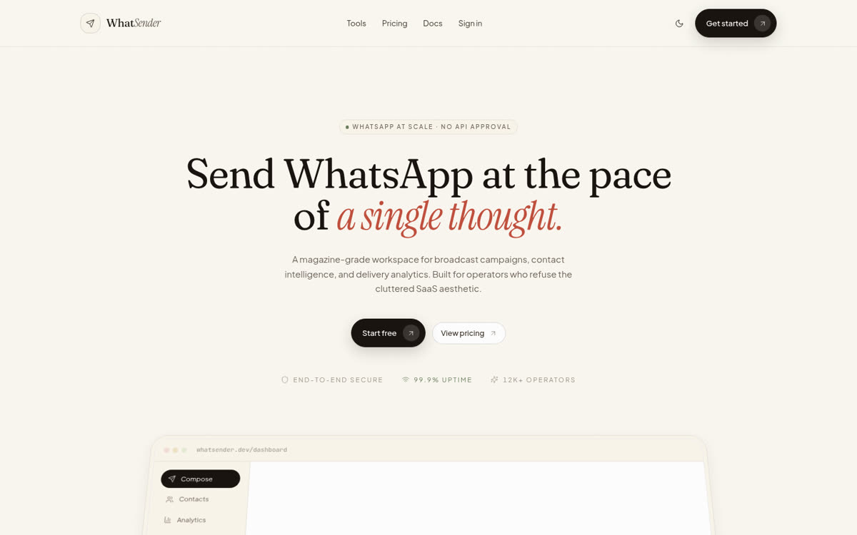 WhatSender WhatsApp marketing platform website screenshot
